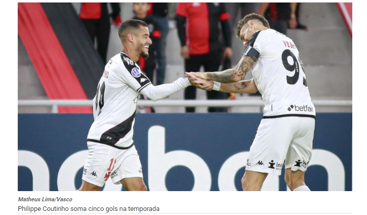 Vasco: Coutinho brilha e ganha destaque em jornal espanhol